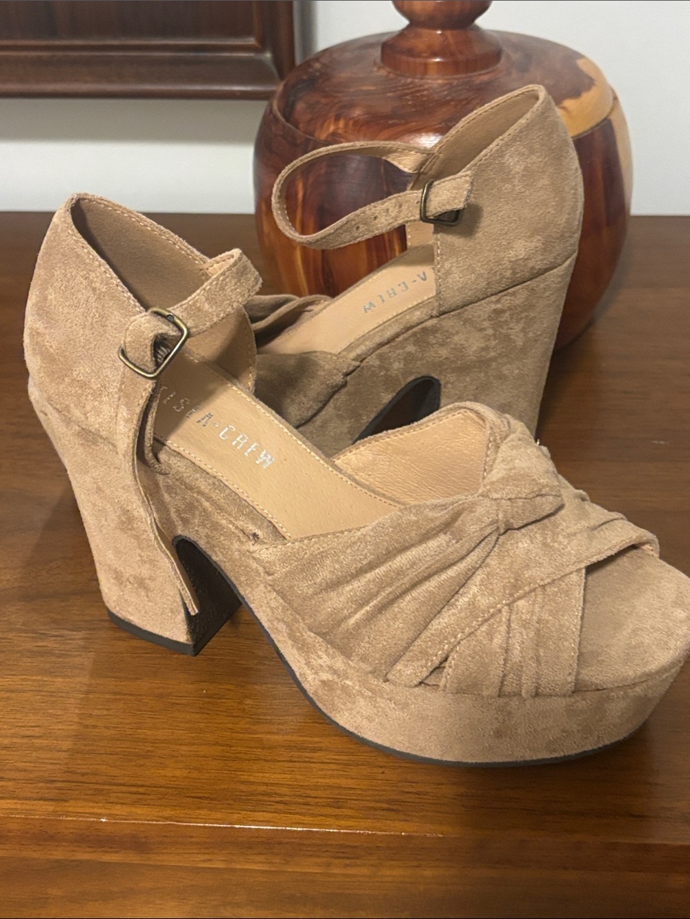 chelsea crew Tan Suede Knotted Platform Heels with Ankle Strap